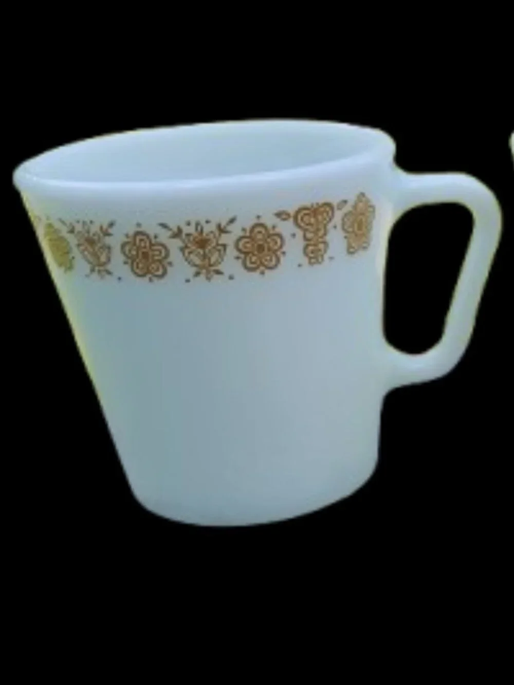 vintage pyrex white milk glass gold butterfly pattern coffee mugs made in USA